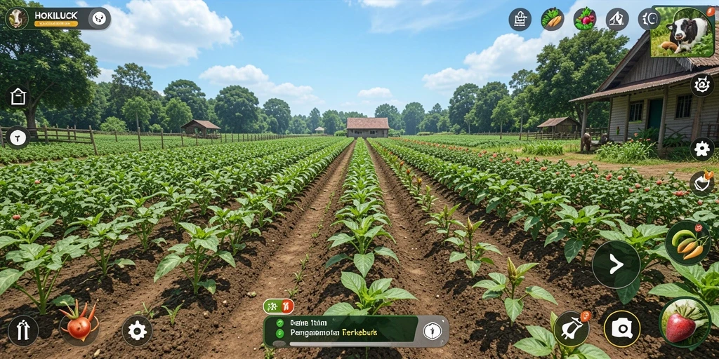 Tampilan gameplay HOKILUCK dengan aktivitas berkebun yang menarik.
