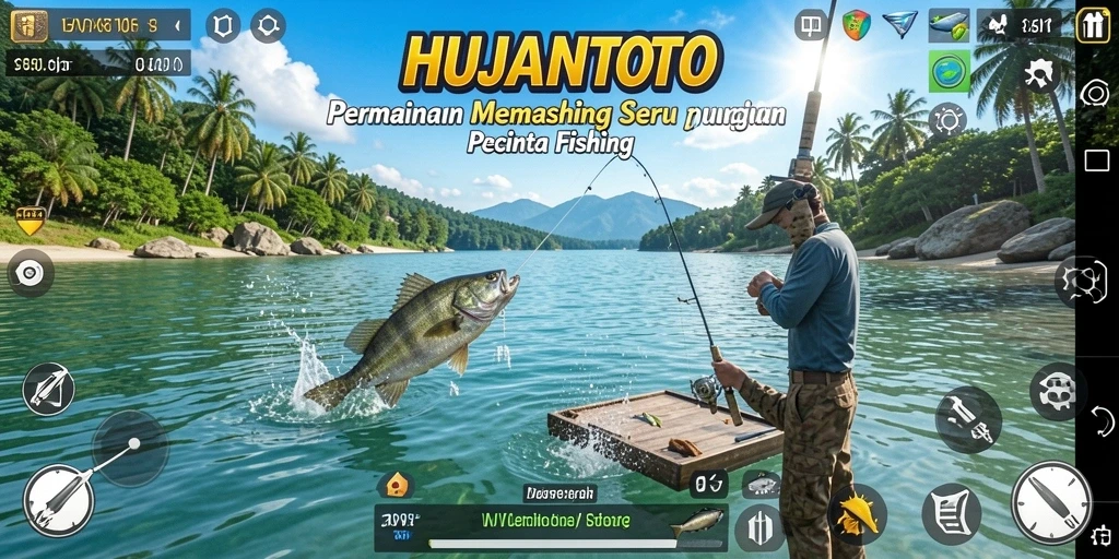 Screenshot gameplay HUJANTOTO menampilkan serunya memancing di bawah laut.