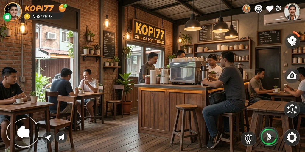 Tangkapan layar KOPI77 menunjukkan pengalaman seru mengelola kedai kopi.