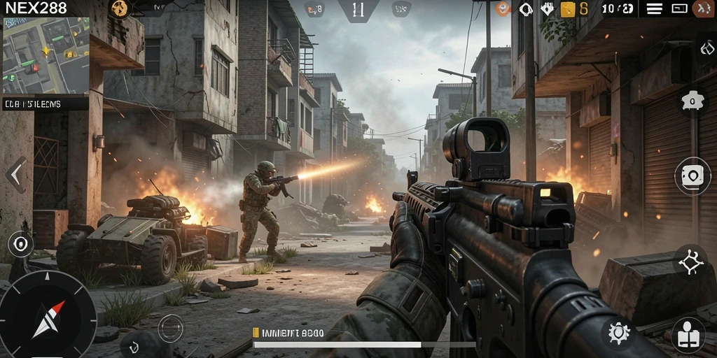 Tangkapan layar utama menampilkan aksi gameplay FPS yang mendebarkan.